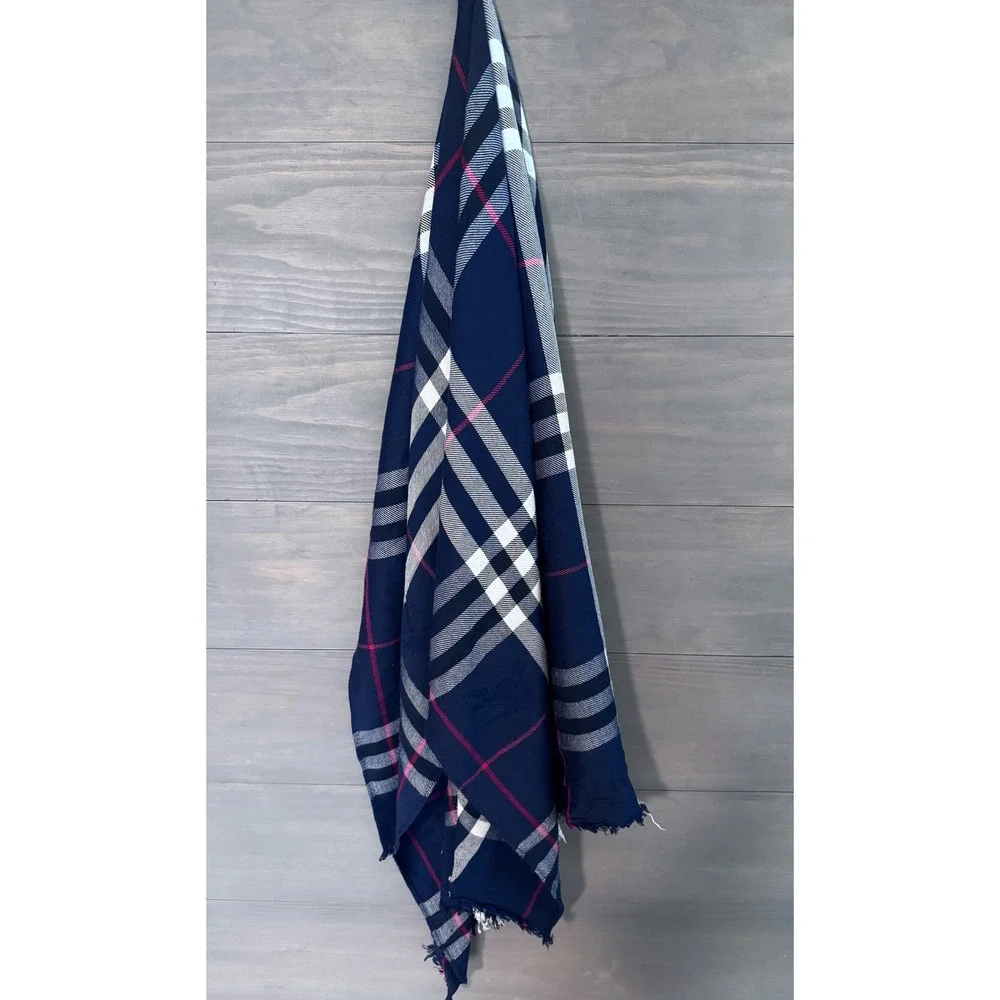 Burberry London Navy Blue Giant Check Scarf Eyelash‎ Fringe Plaid Unisex